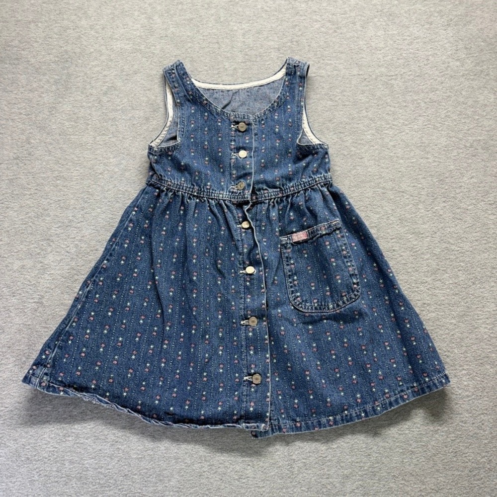 Vintage Lee Overall Dress Girls 6 Blue Floral Star Print Button Front Denim